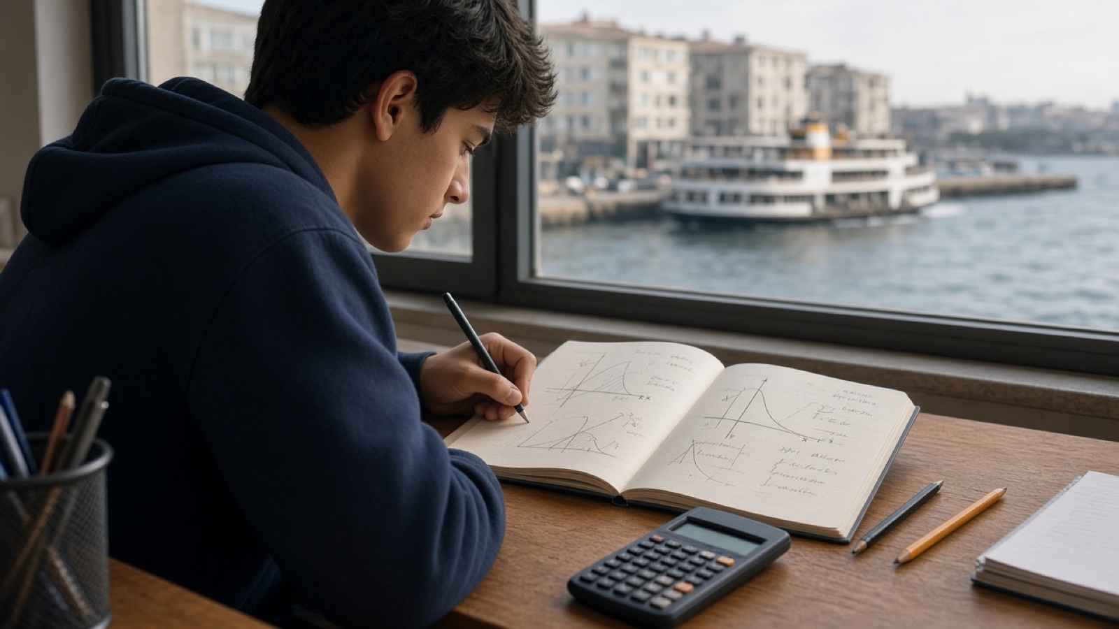 12. sınıf öğrencisi Kadıköy’de AYT matematik planı için türev ve fonksiyon grafikleri çizerken