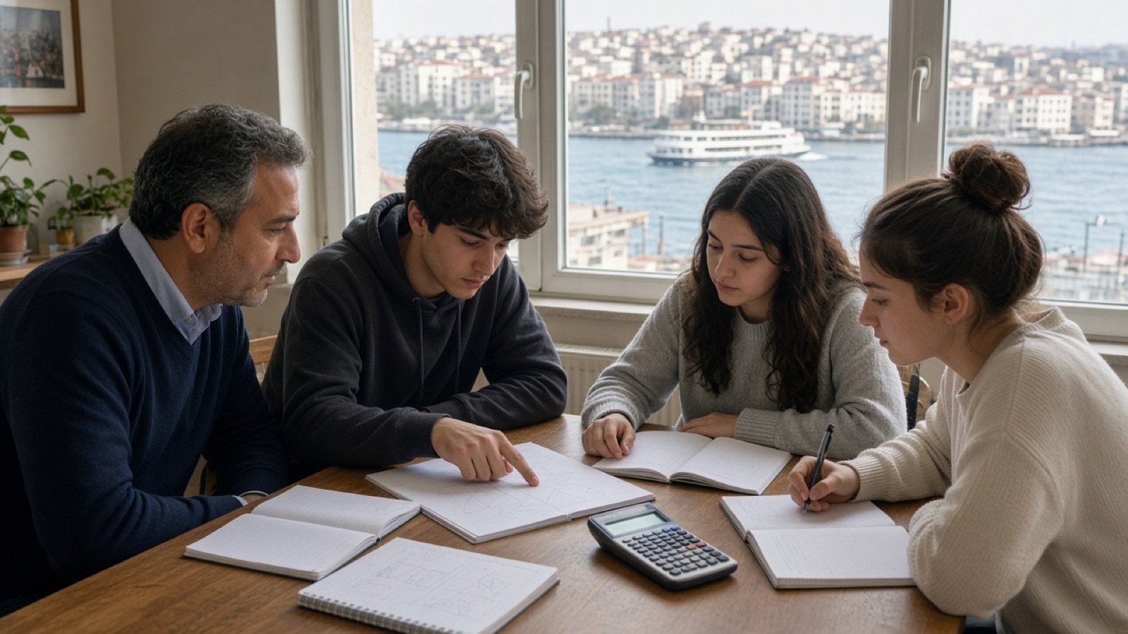 Kadıköy’de küçük grup matematik dersi: öğretmen ve öğrenciler masa başında TYT–AYT çalışıyor